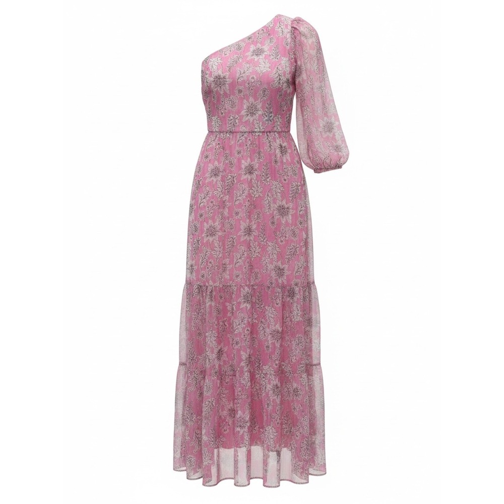 Taylor Pink Floral One Shoulder Maxi Dress Chiffon Tassel Belt Shimmer Size 6